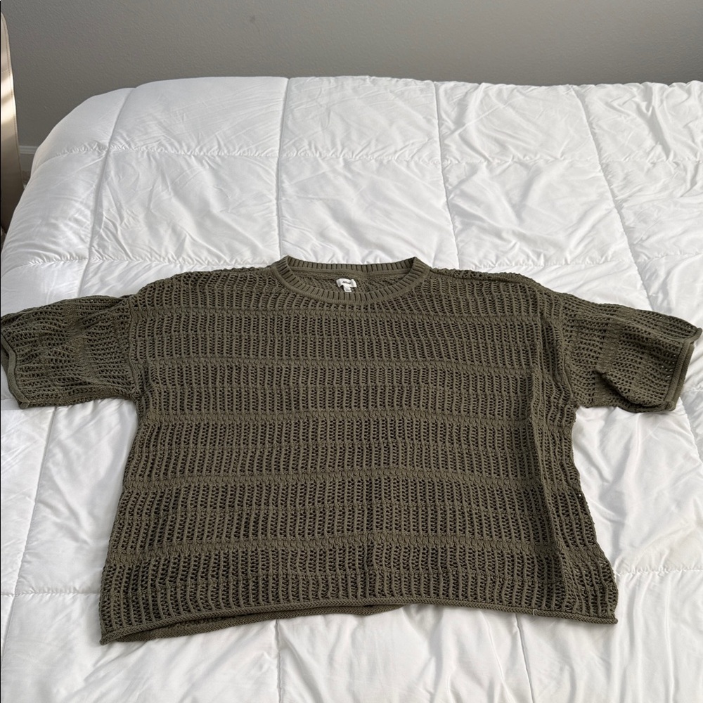 aerie Olive Green Crochet Knit Short Sleeve Sweater